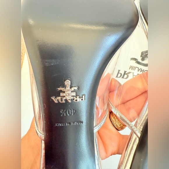 Prada Metallic silver leather logo print Pexiglas high heel slide sandals EU40.5 - Picture 13 of 15